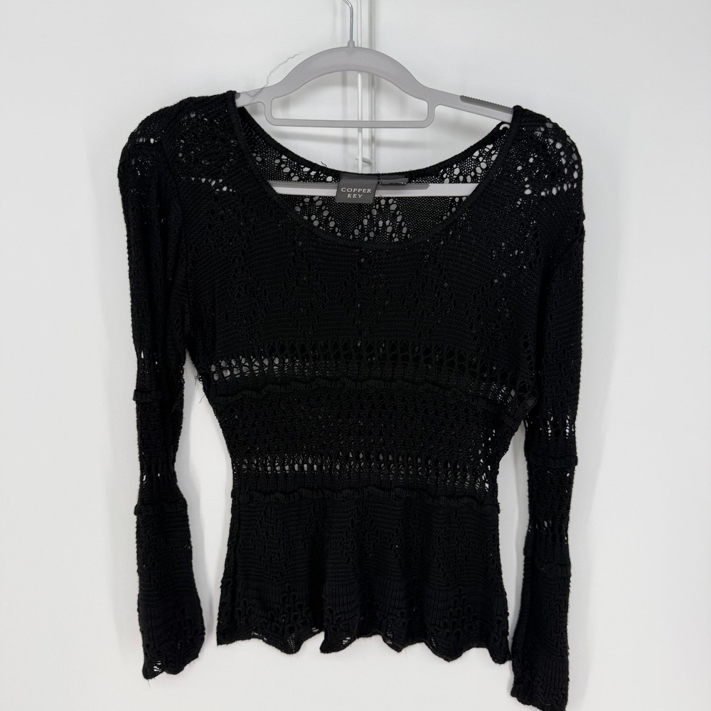 Copper Key Crochet Knit Top Womens Large Black Open Weave Boho Grunge Whimsygoth